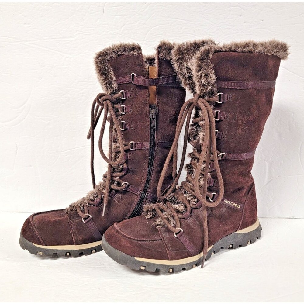 Skechers Boots Grand Jams 7 1/2 Woman Brown Suede Faux Fur Boho NWOT